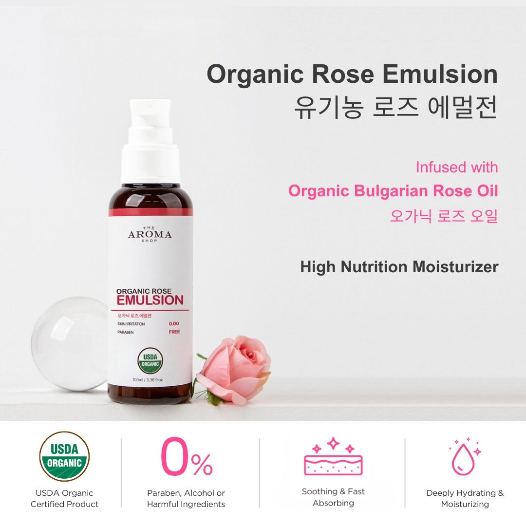 Organic Rose Emulsion bottle with rose and text on a light gray background