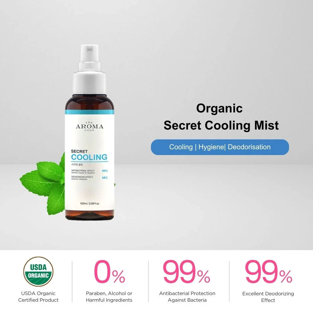 Organic Cooling mist bottle with Peppermint and text on a light gray background