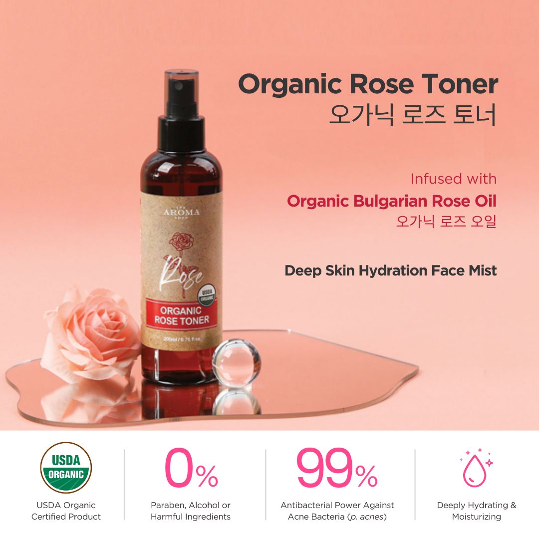 Organic Rose Toner bottle with rose and leaf on a pink background