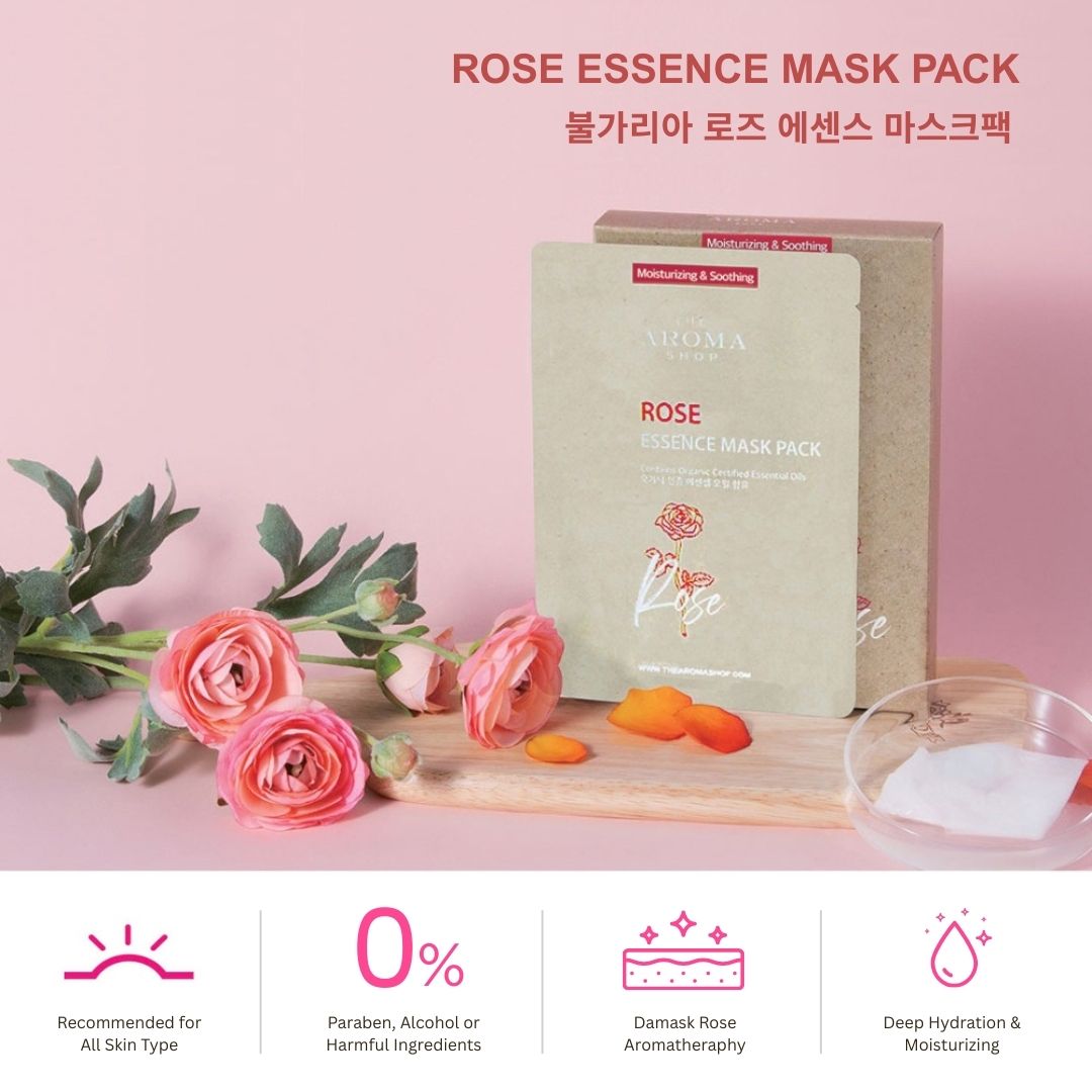 Rose essence mask pack with flowers on a pink background