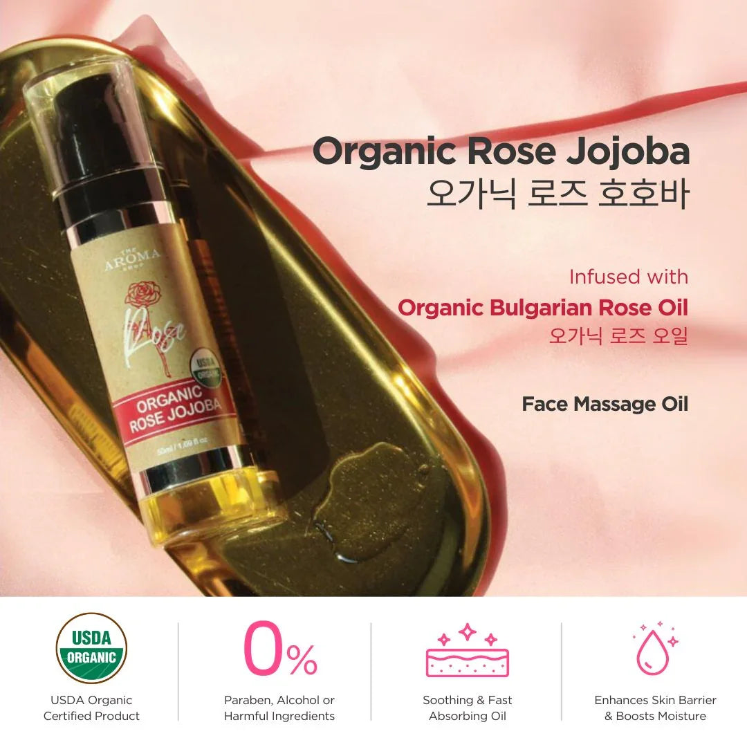 Organic Rose Jojoba face massage oil with USDA Organic certification on a pink background