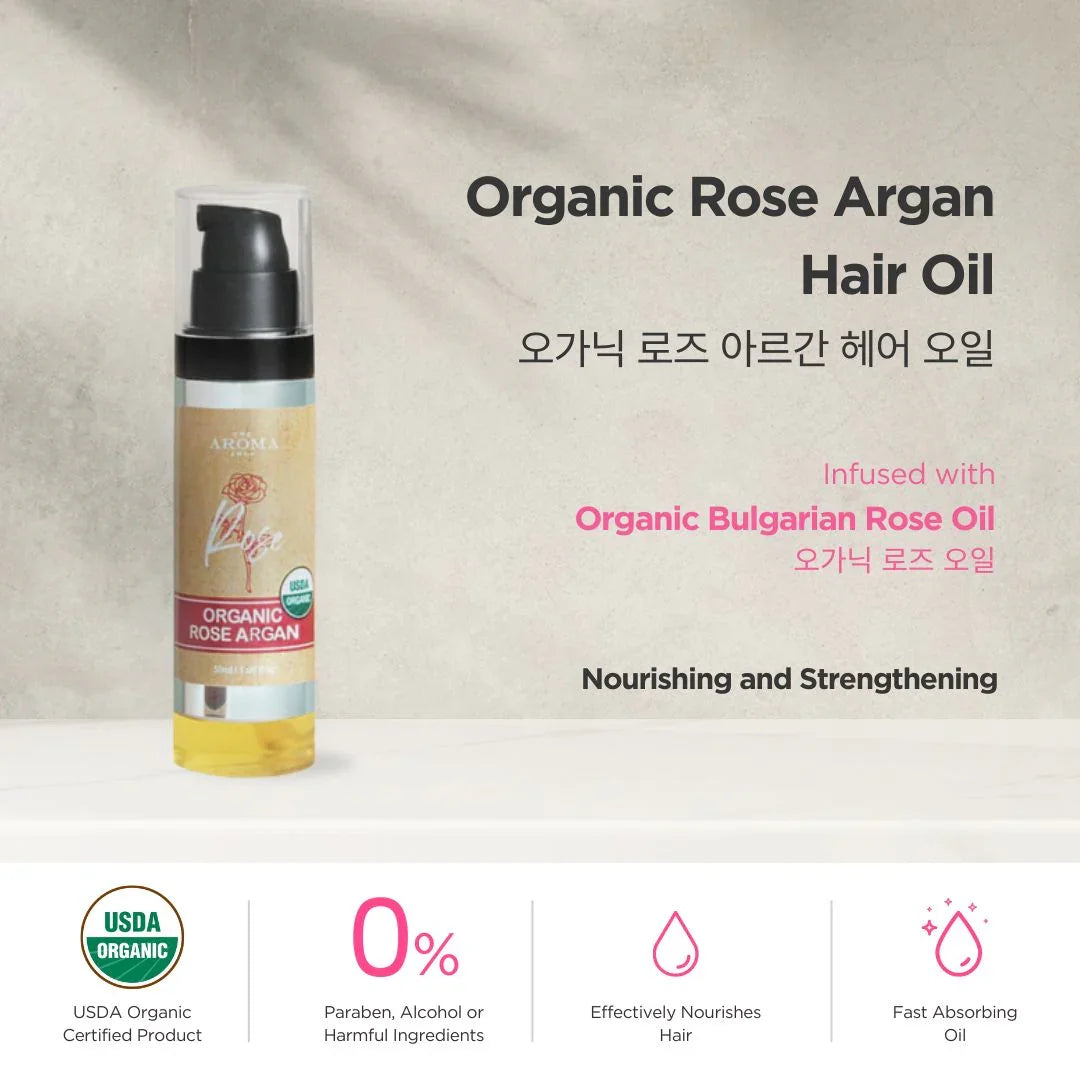 Organic Rose Argan hair oil bottle with text on a beige background