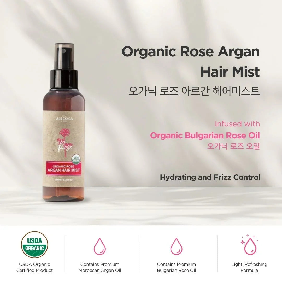 Organic Rose Argan hair mist bottle with product details on a light gray background