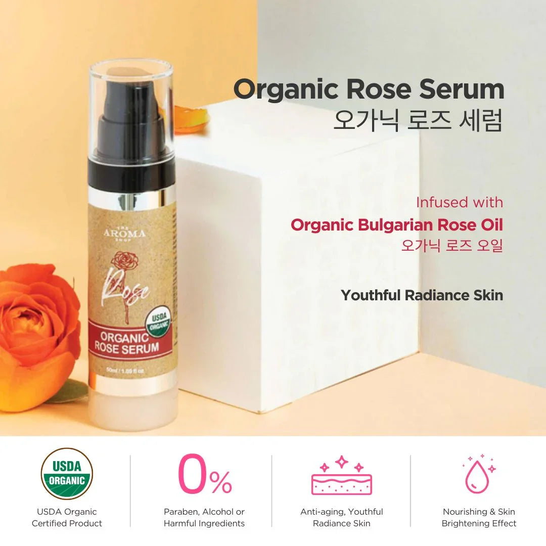 Organic Rose Serum bottle with rose flower on a light background