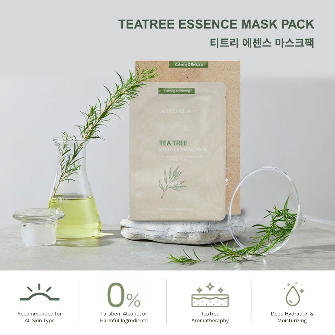 Tea tree essence mask pack with tea tree oil and leaves on a light gray background