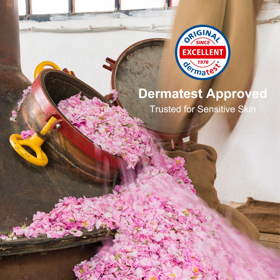 Pink flowers being poured from a metal container with Dermatest logo and text.