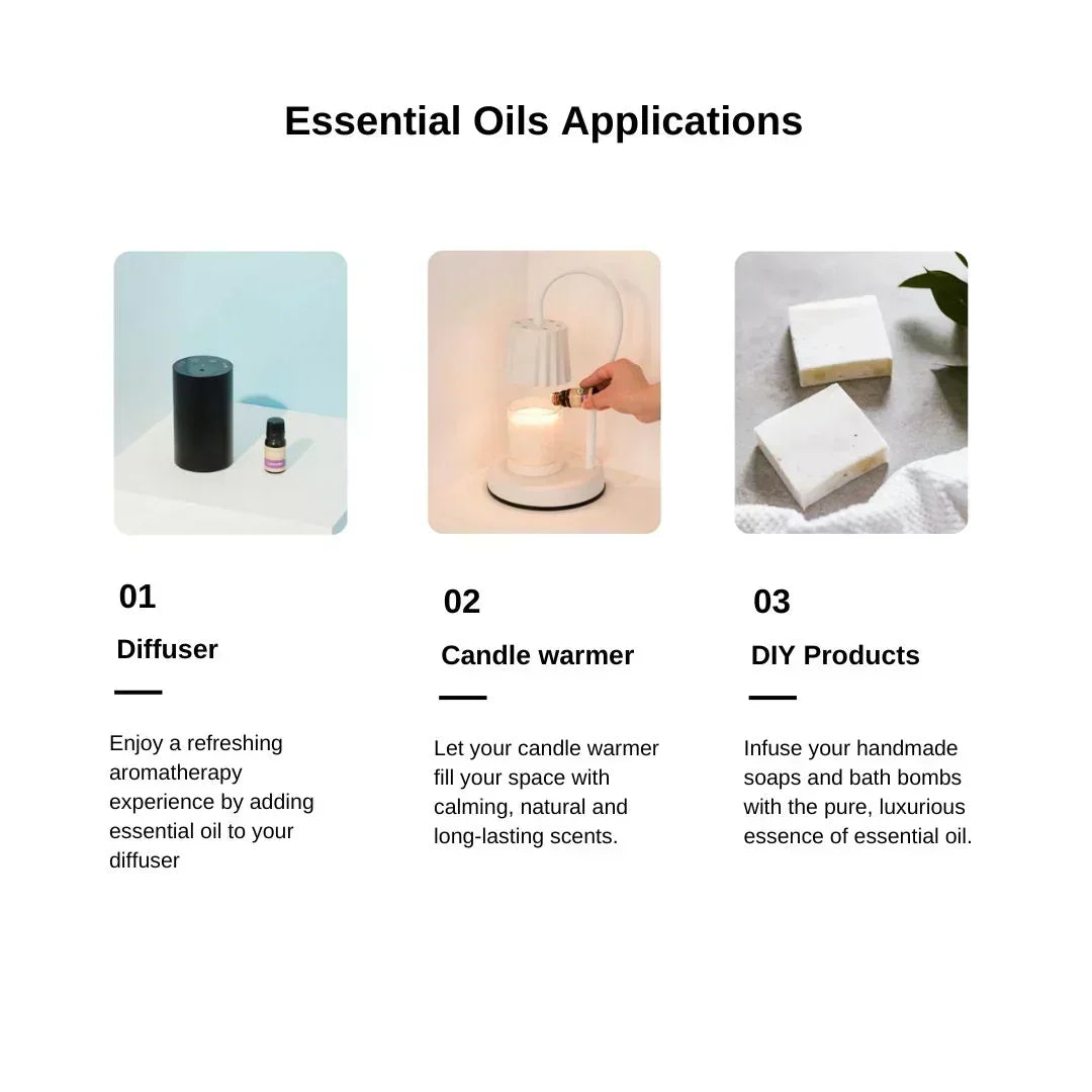 Three images showing essential oils applications with text descriptions.