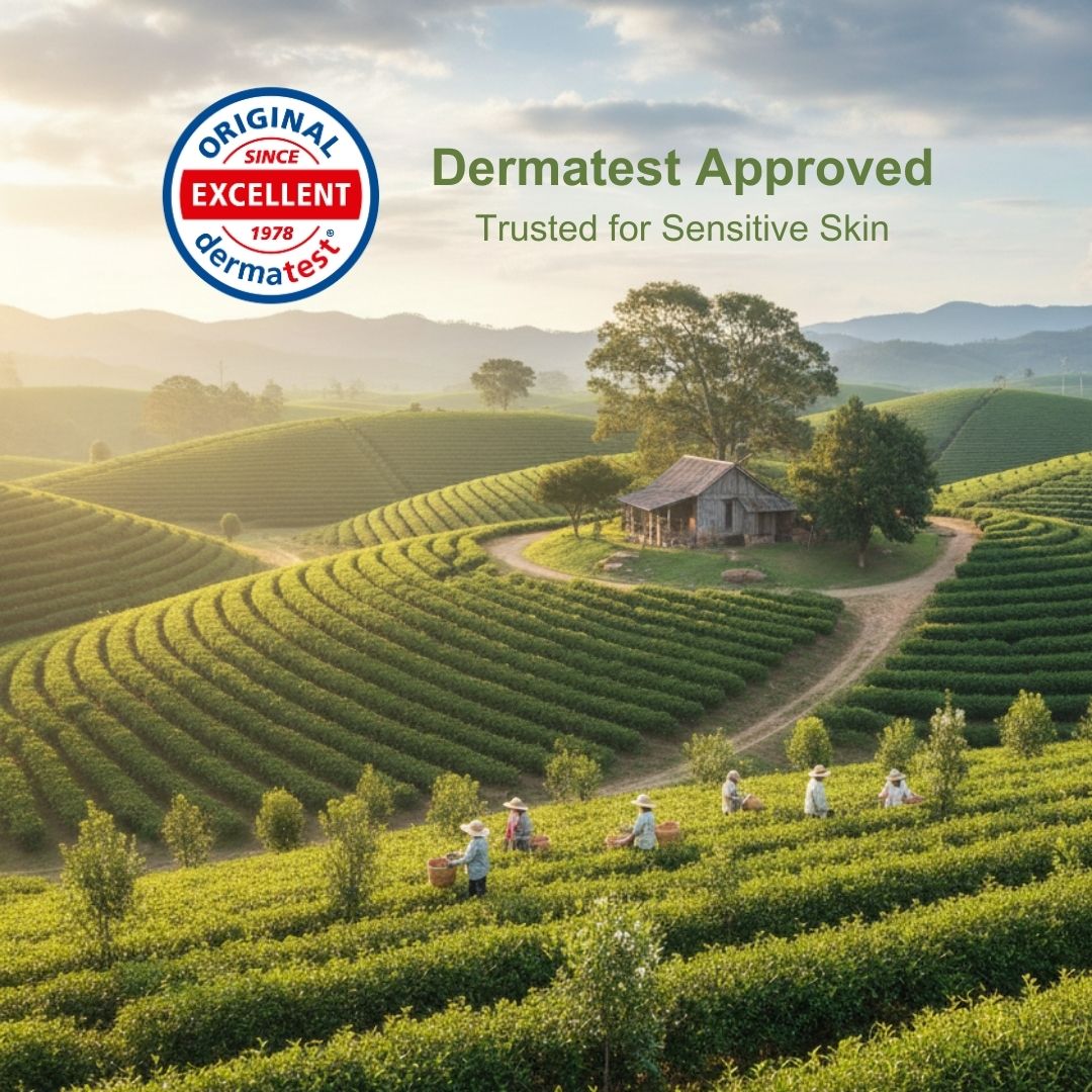 Hills with tea plantations and people, Dermatest logo and text on a blue sky background