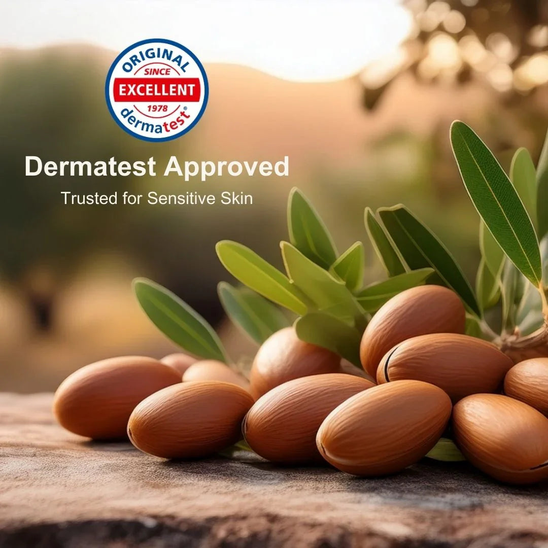 Olive oil nuts with Dermatest approval logo on a natural background