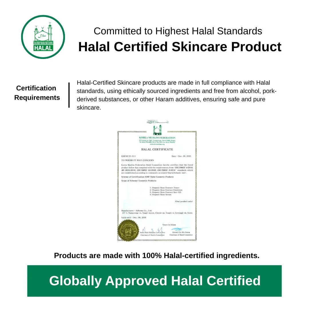Halal Certified Skincare Product certification with text and logo on a white background