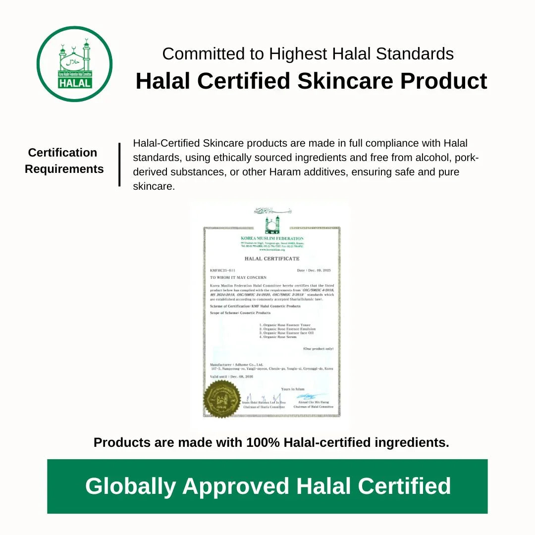 Advertisement for Halal Certified Skincare Product with certification requirements and globally approved label.