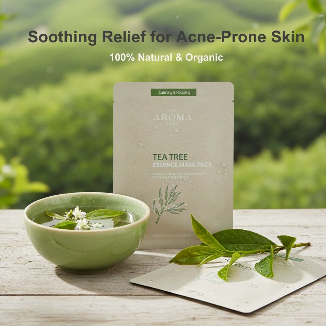 Tea tree essence mask pack with a bowl of water and leaves on a wooden surface, with a natural background.