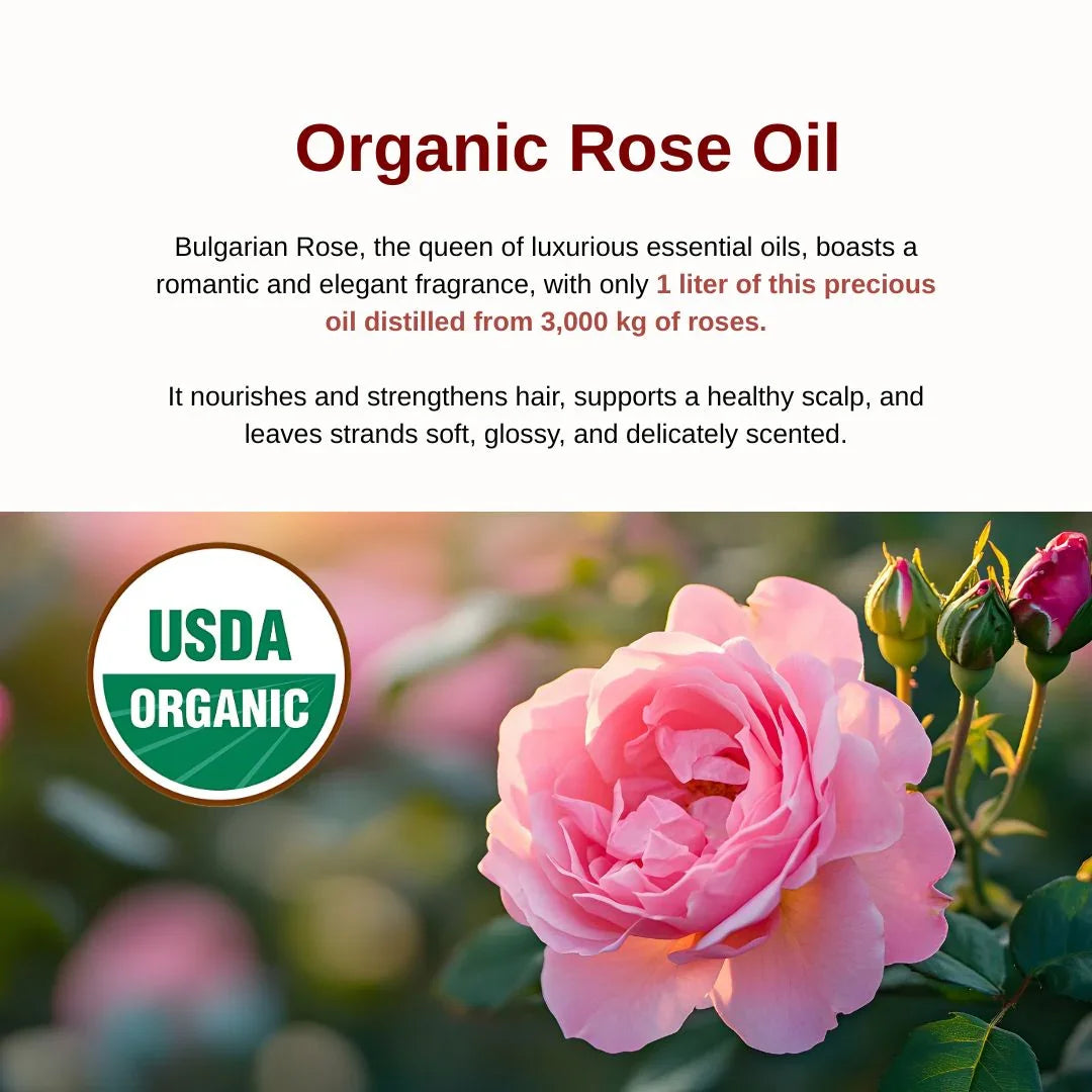 Advertisement for organic rose oil with a pink rose and USDA Organic label on a white background.