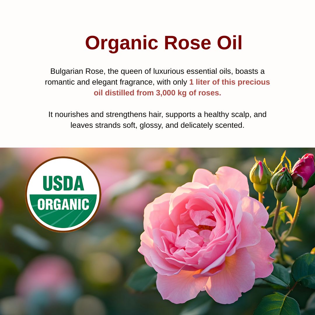 Advertisement for organic rose oil with a pink rose and USDA Organic label on a white background.