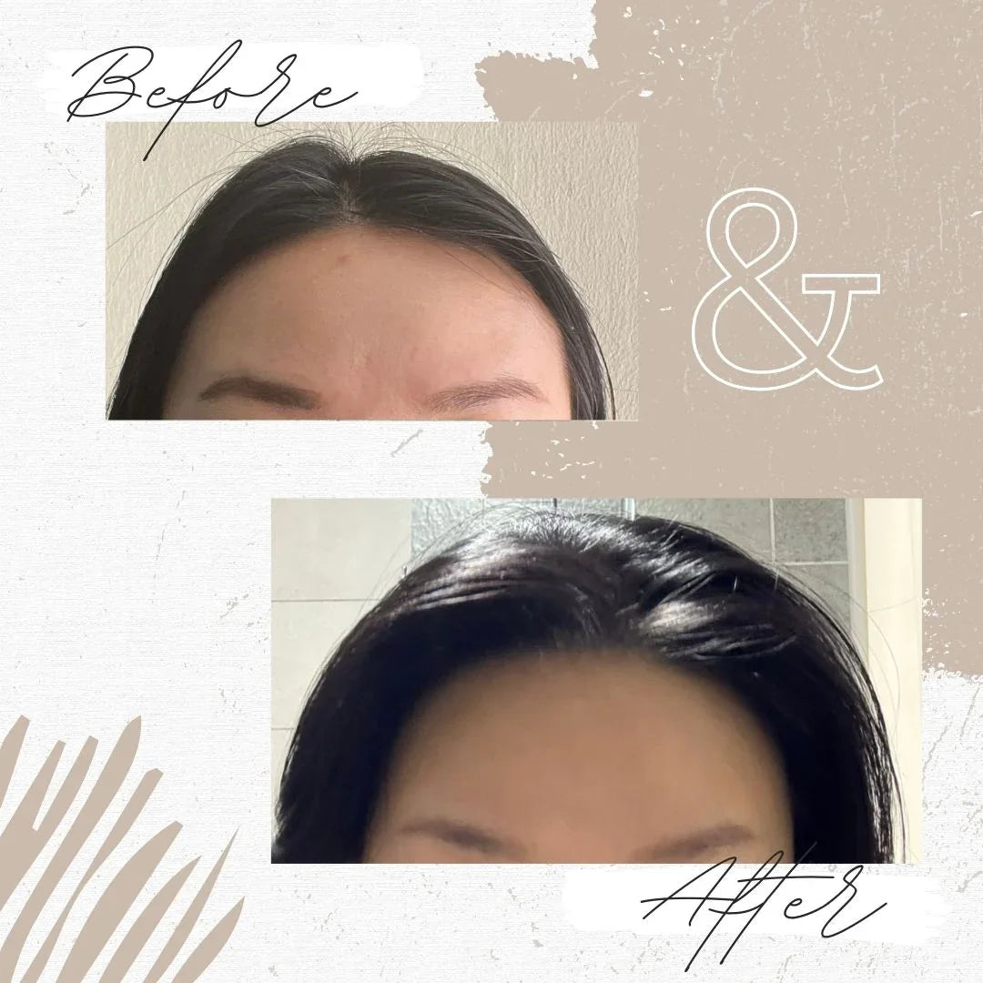 Before and after comparison of a person's hair with 'Before' and 'After' labels.