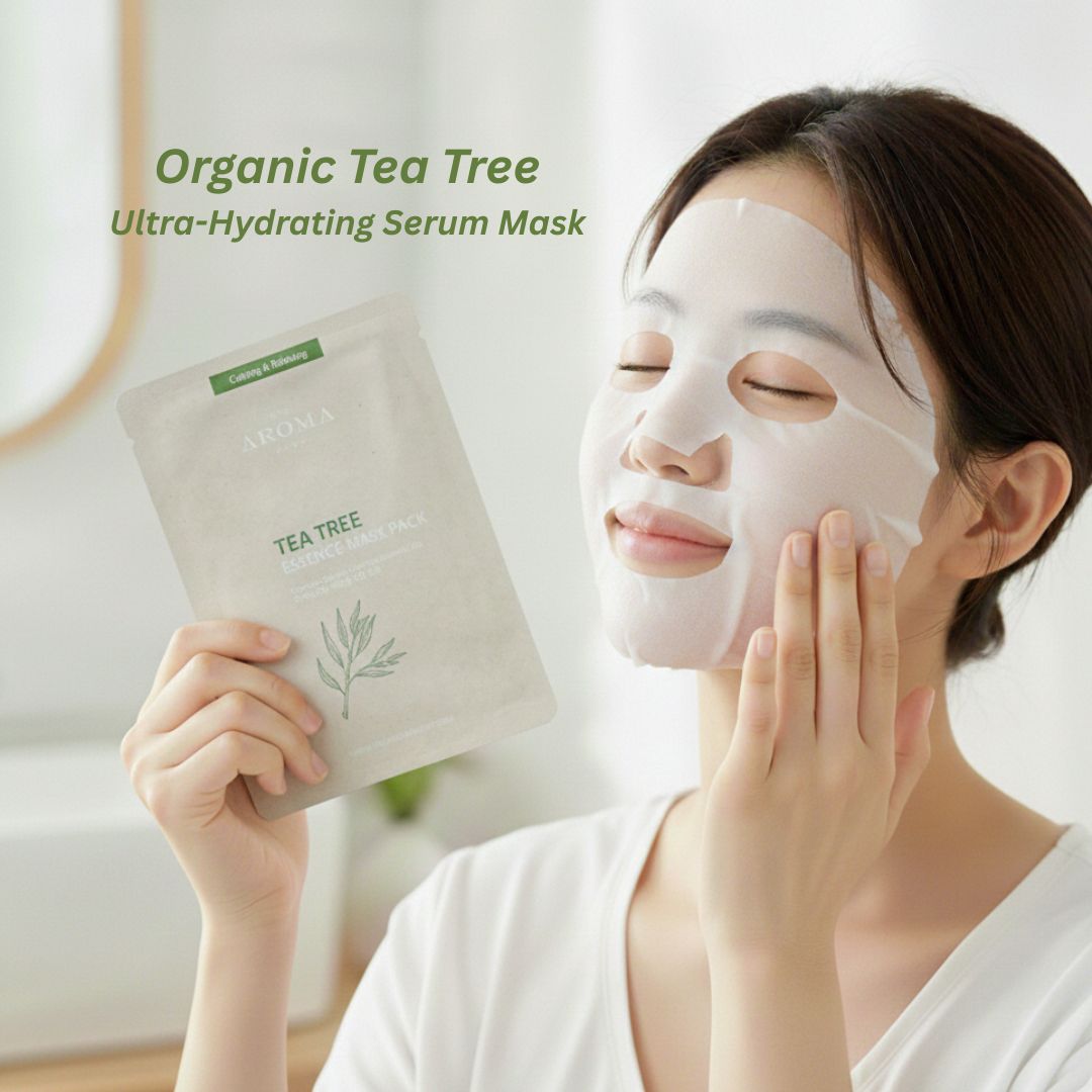 Woman applying an Organic Tea Tree Ultra-Hydrating Serum Mask with the product packaging in the foreground.