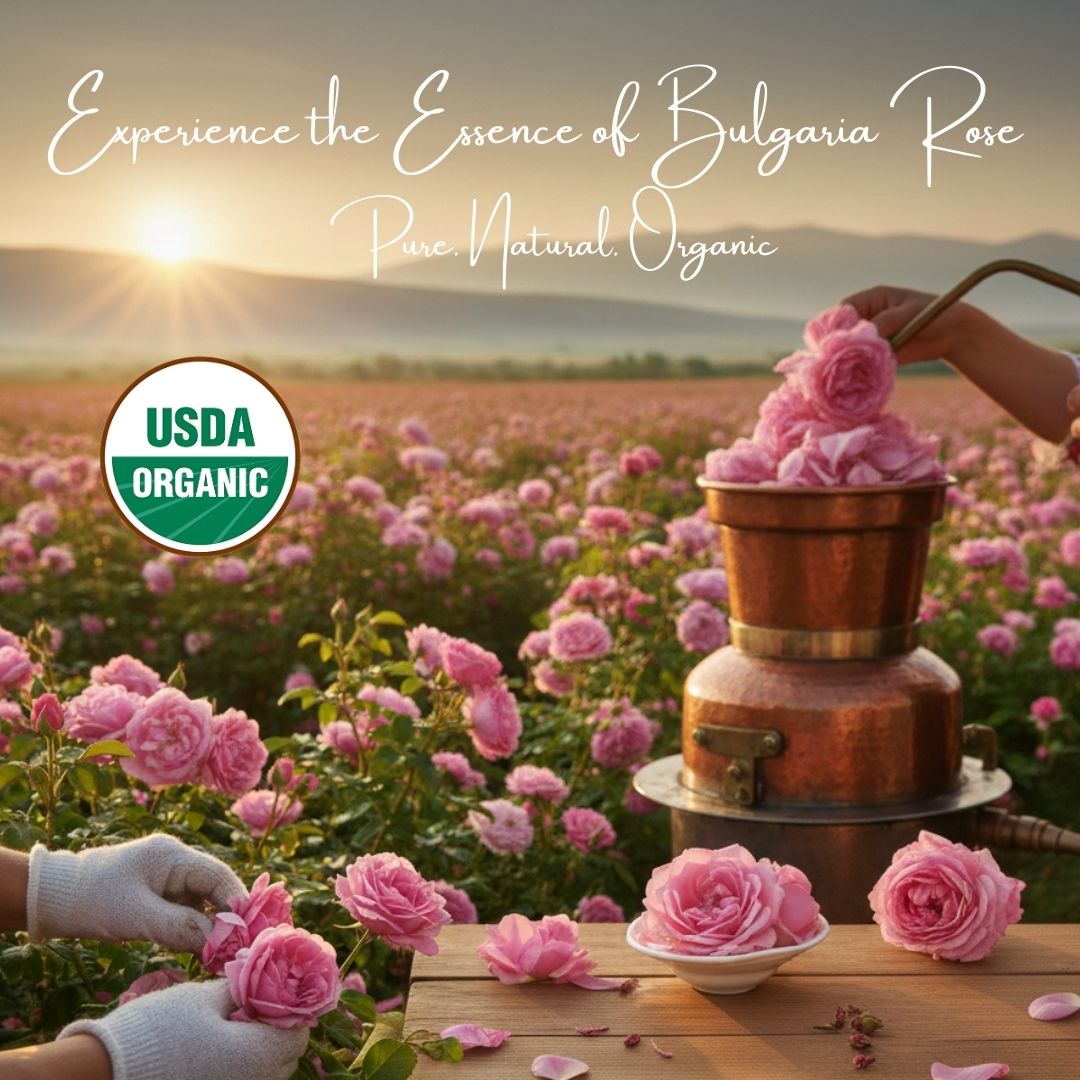 Rose field with hands picking roses, a copper still, and USDA Organic logo.