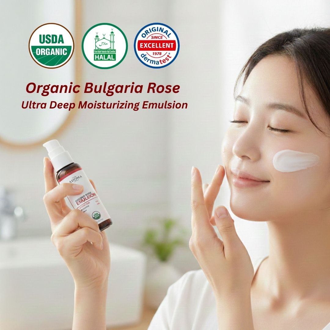 Woman applying organic skincare product with certification logos displayed.
