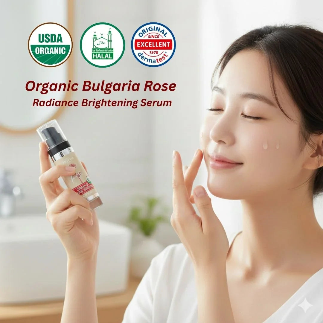 Woman holding a skincare serum with USDA Organic, Halal, and dermatologist-approved logos.