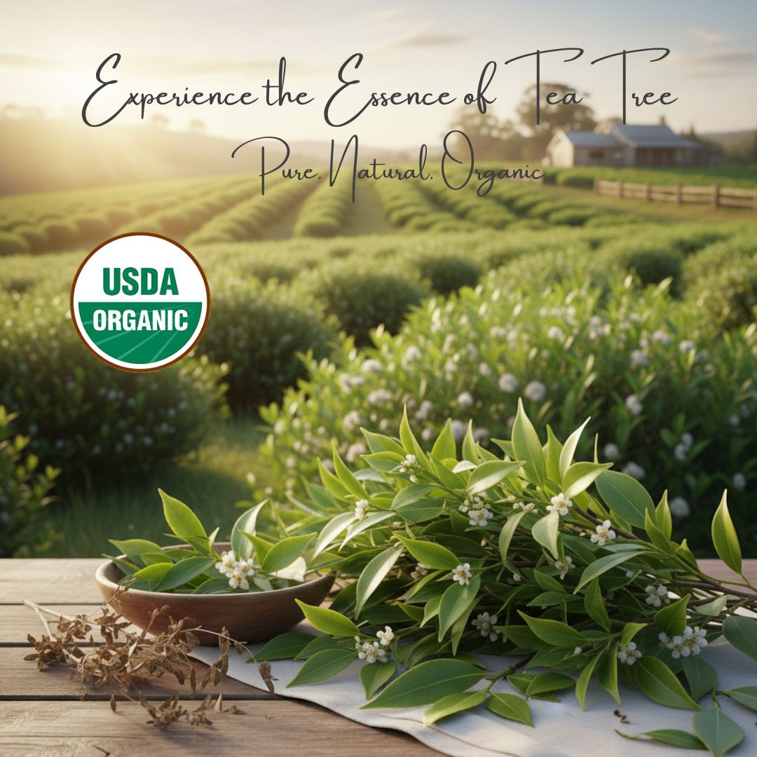 Tea tree leaves on a wooden surface with a scenic background and USDA Organic label.