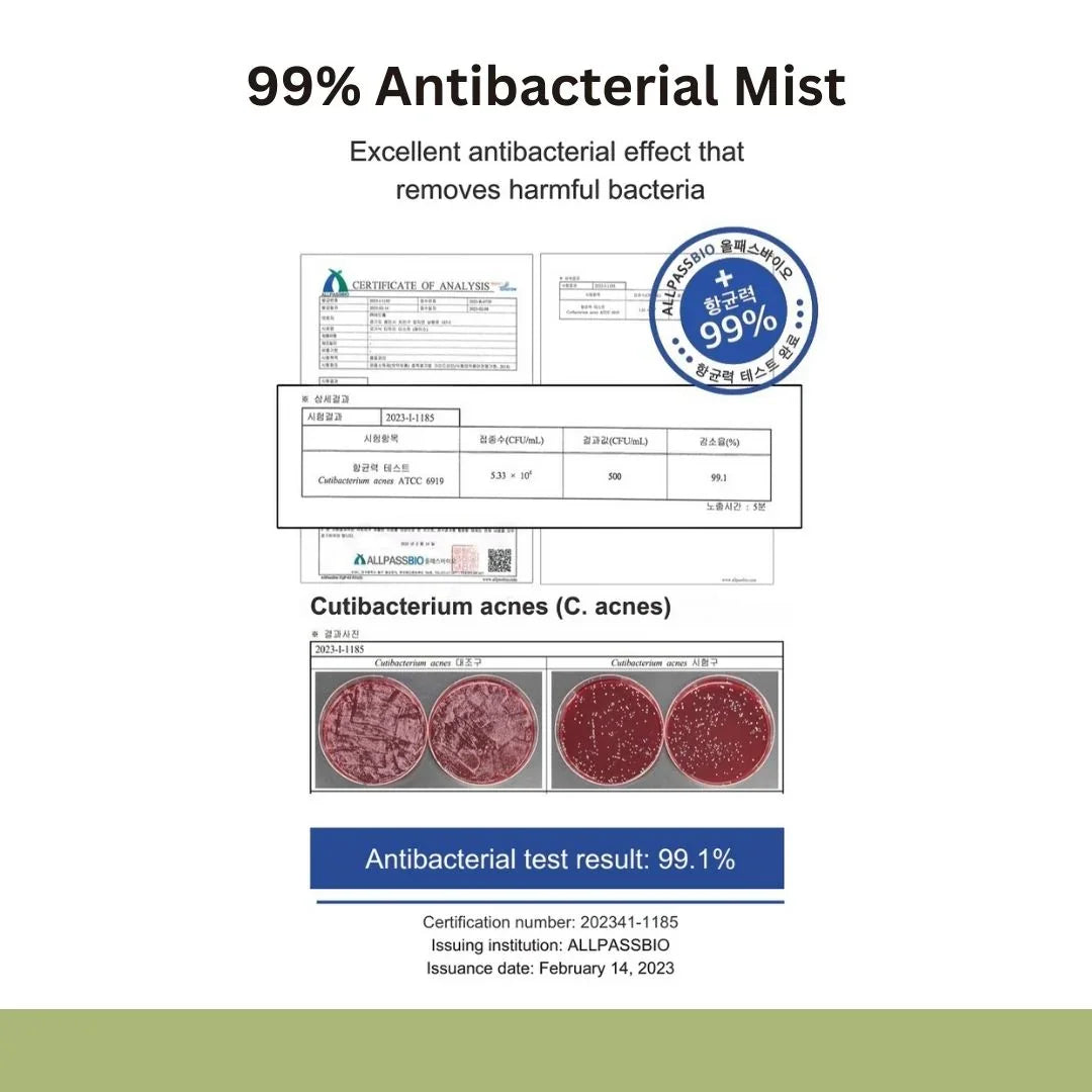 Advertisement for 99% antibacterial mist with test results and certification on a white background.