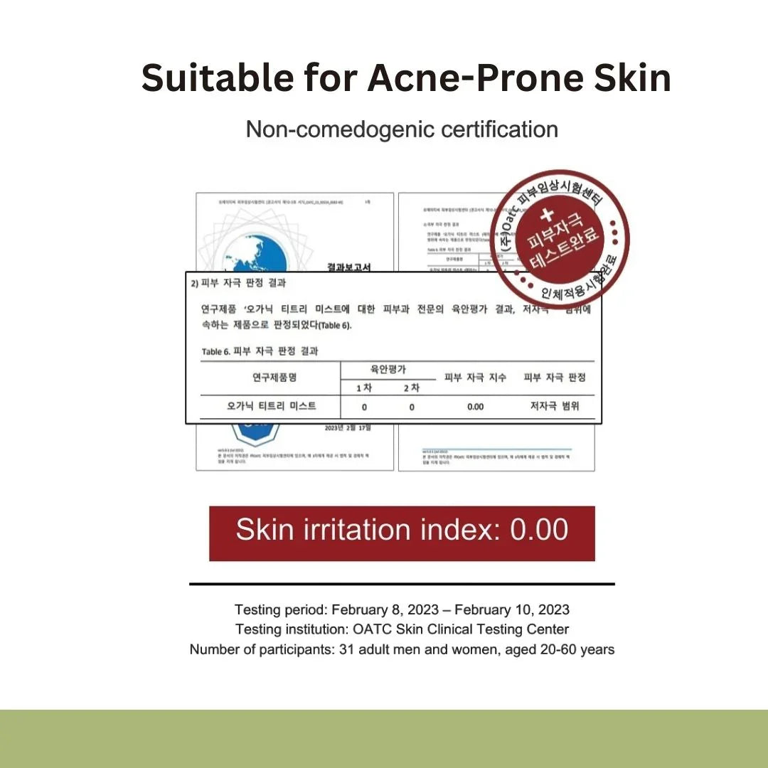 Certification for acne-prone skin suitability with a skin irritation index on a white background