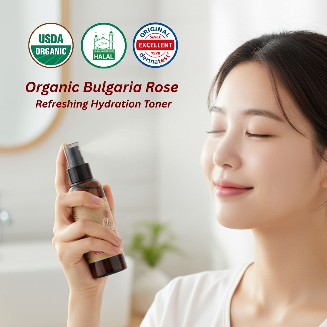 Woman holding a bottle of Organic Bulgaria Rose toner with certification logos above her.