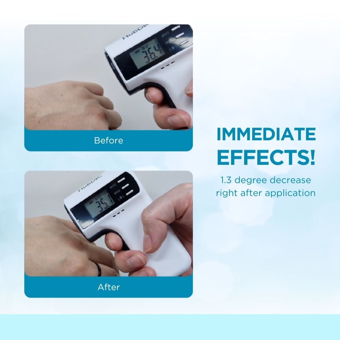 Digital thermometer being used on a hand with text indicating immediate effects and temperature decrease.