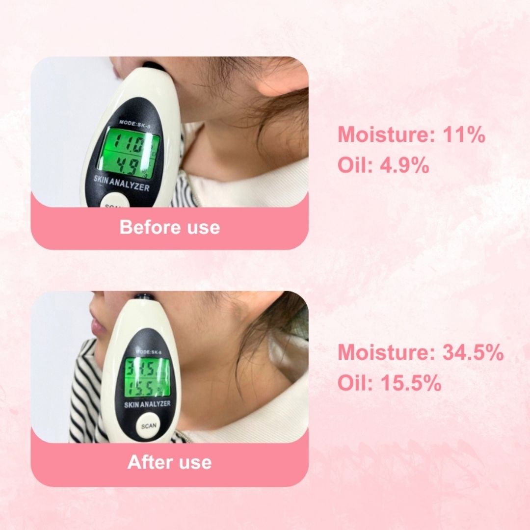 Skin analyzer showing moisture and oil levels before and after use on a pink background