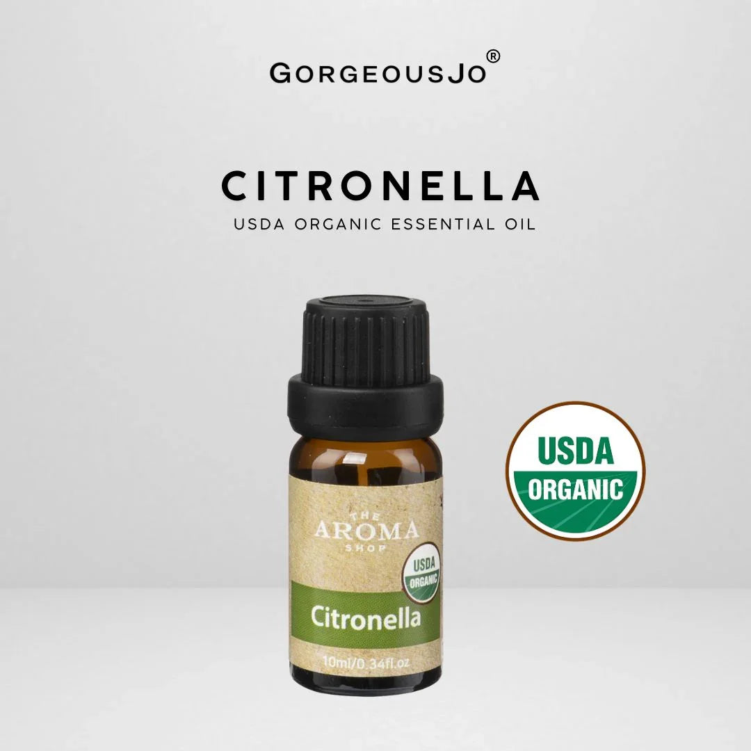Citronella essential oil bottle with USDA Organic label on a white background