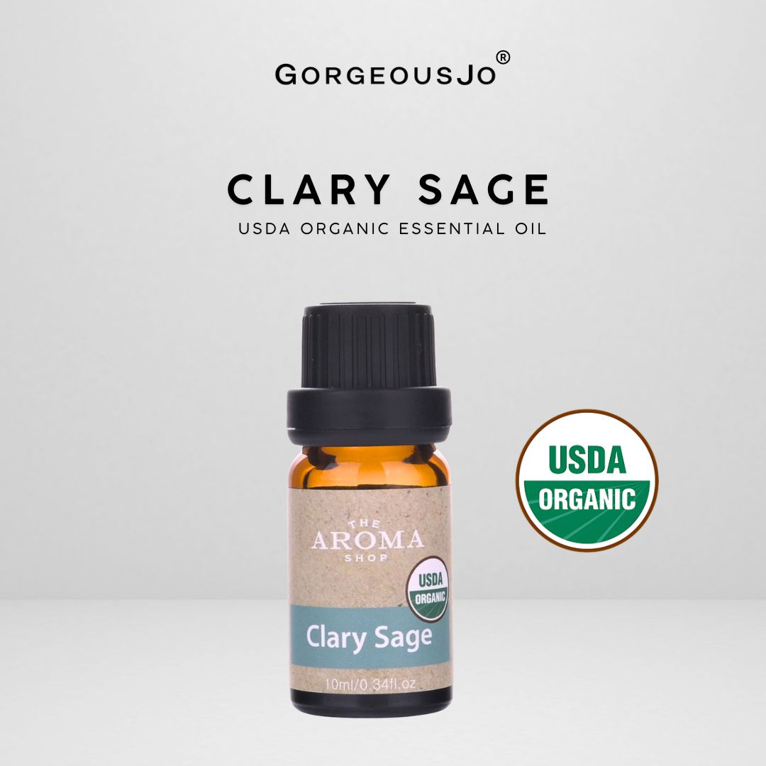 Clary Sage essential oil bottle with USDA Organic label on a gray background