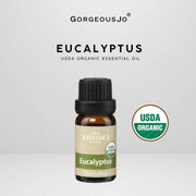 Eucalyptus essential oil bottle with USDA Organic label on a white background