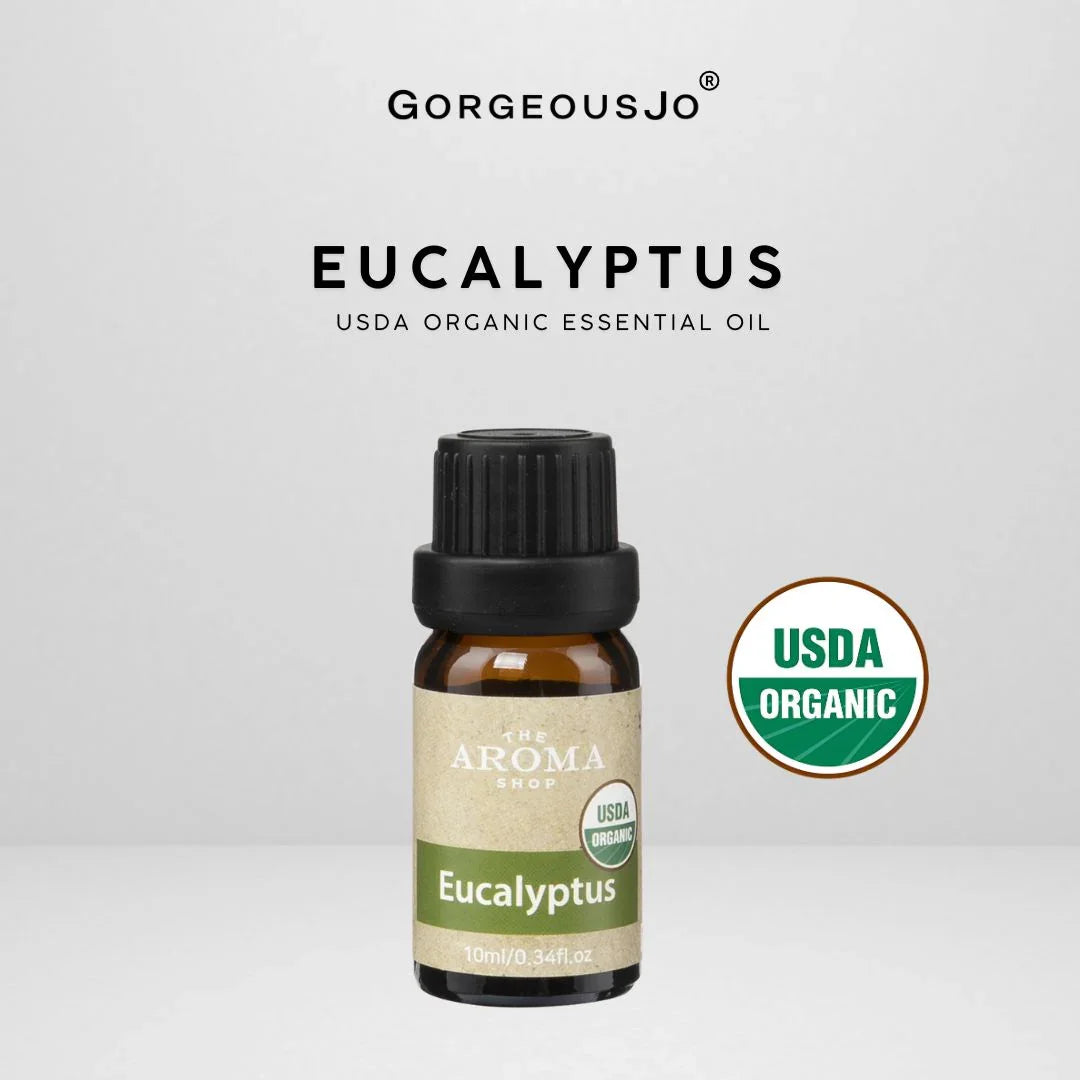 Eucalyptus essential oil bottle with USDA Organic label on a white background