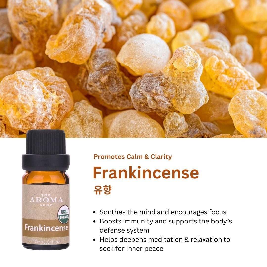 Frankincense resin with a bottle of Frankincense oil and promotional text on a white background