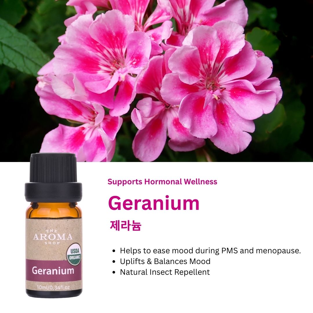 Bottle of geranium essential oil with pink flowers in the background