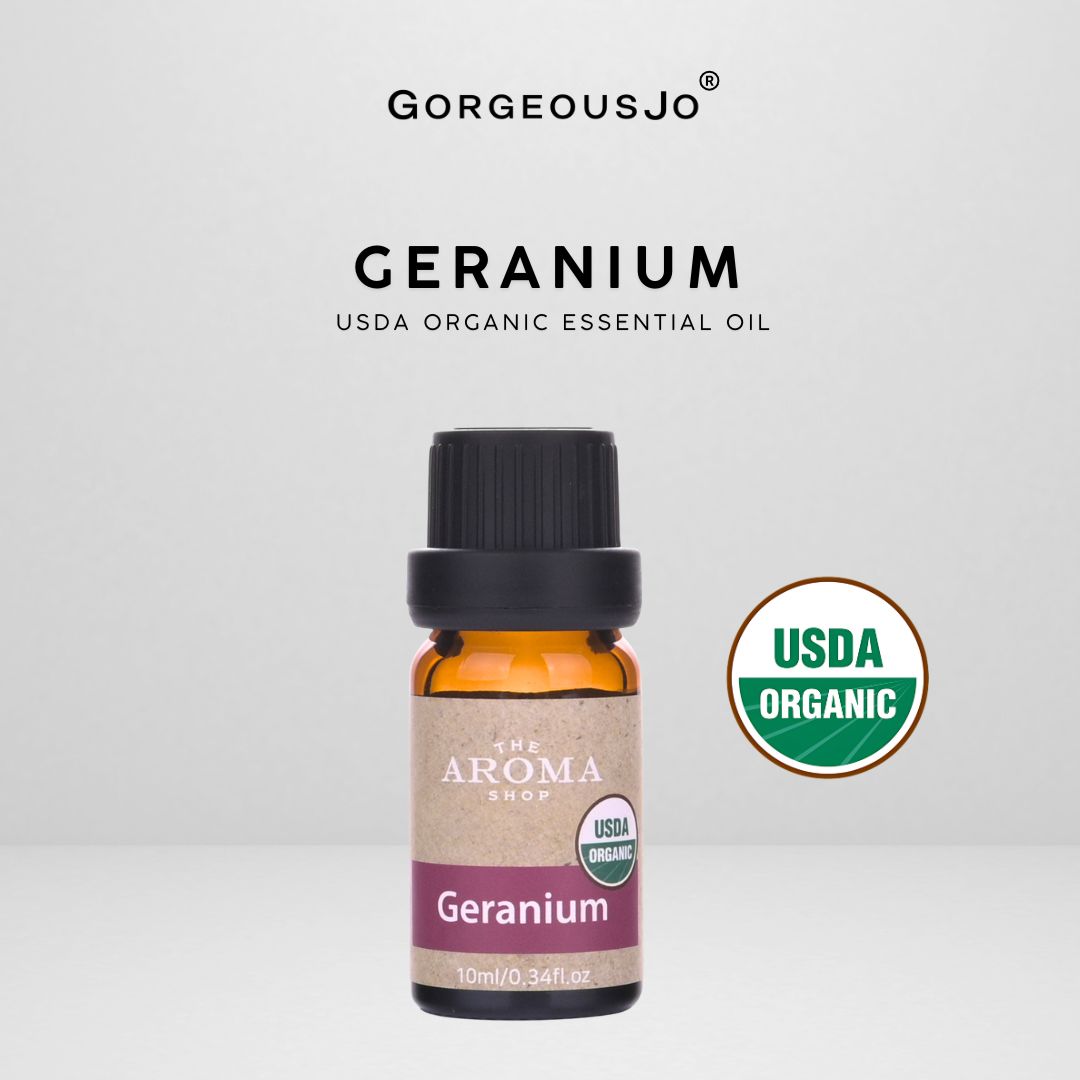 Geranium essential oil bottle with USDA Organic label on a white background