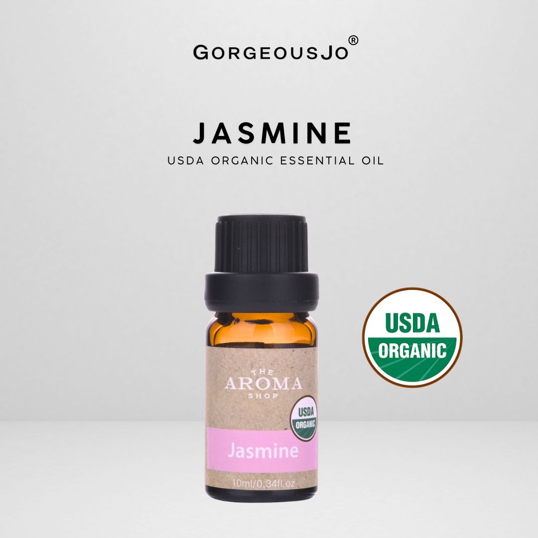 USDA Organic Jasmine essential oil bottle with 'Gorgeousjo' branding on a light gray background