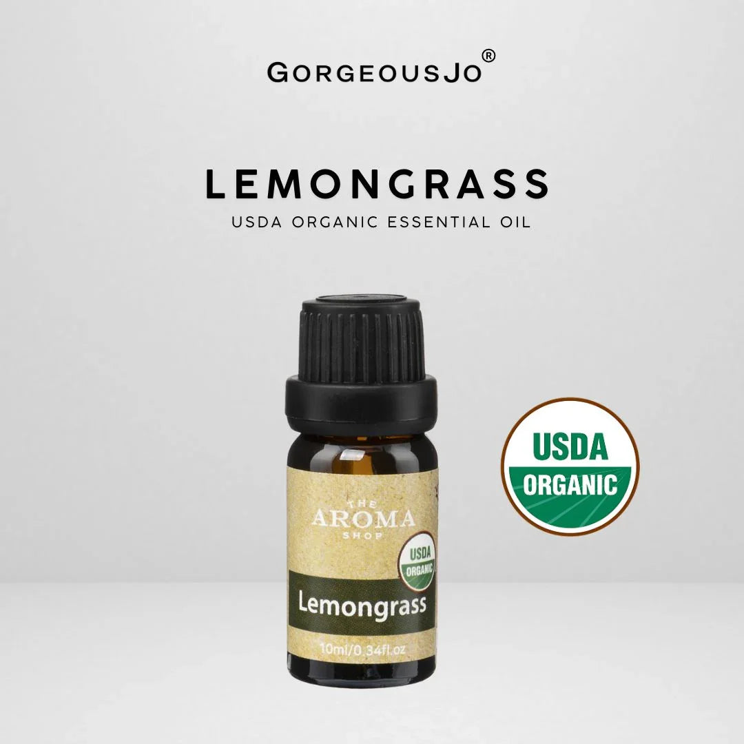 Lemongrass essential oil bottle with USDA Organic label on a white background