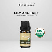 Lemongrass essential oil bottle with USDA Organic label on a white background