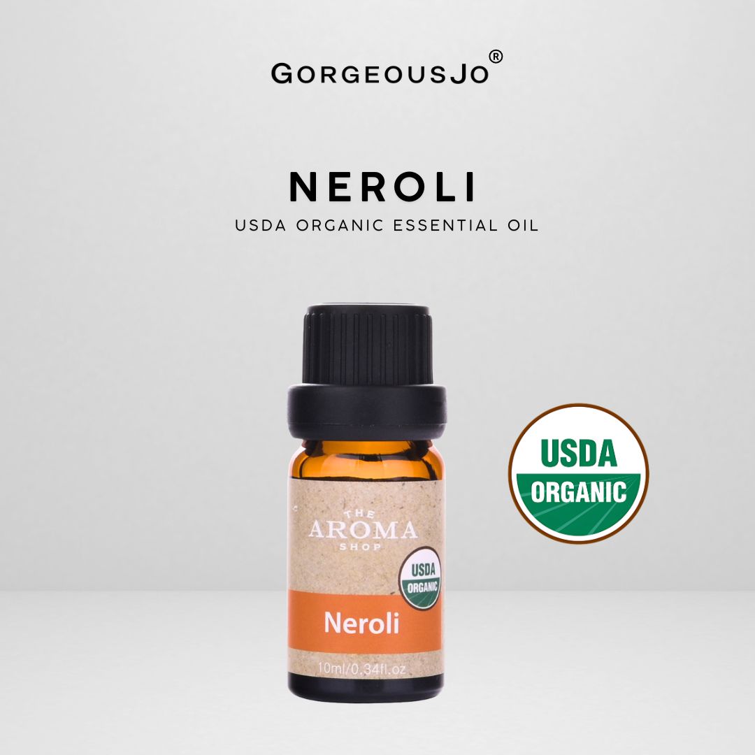 Bottle of Neroli USDA Organic Essential Oil with 'Gorgeousjo' branding on a light gray background