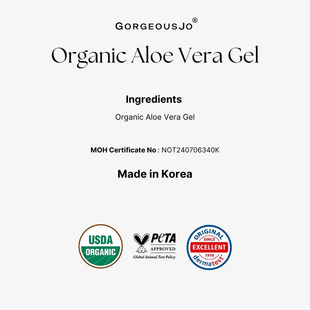 Label for Organic Aloe Vera Gel with certification logos on a white background