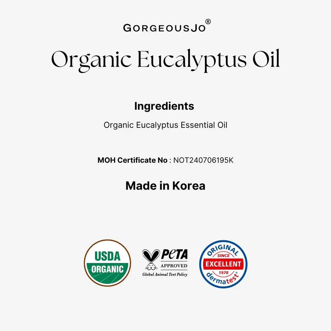 Label for Organic Eucalyptus Oil from Gorgeousjo with certification logos on a white background