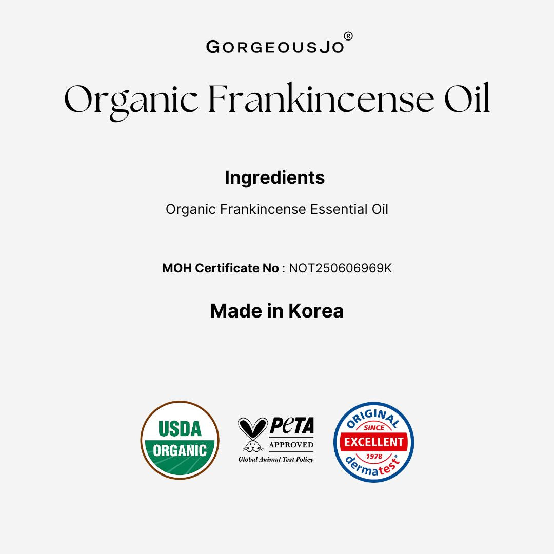 Label for Organic Frankincense Oil by Gorgeousjo with certification logos on a white background