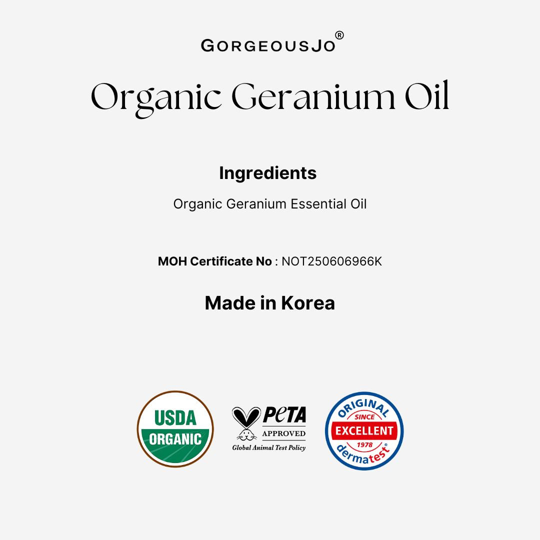 Label for Organic Geranium Oil by Gorgeousjo with certification logos on a white background
