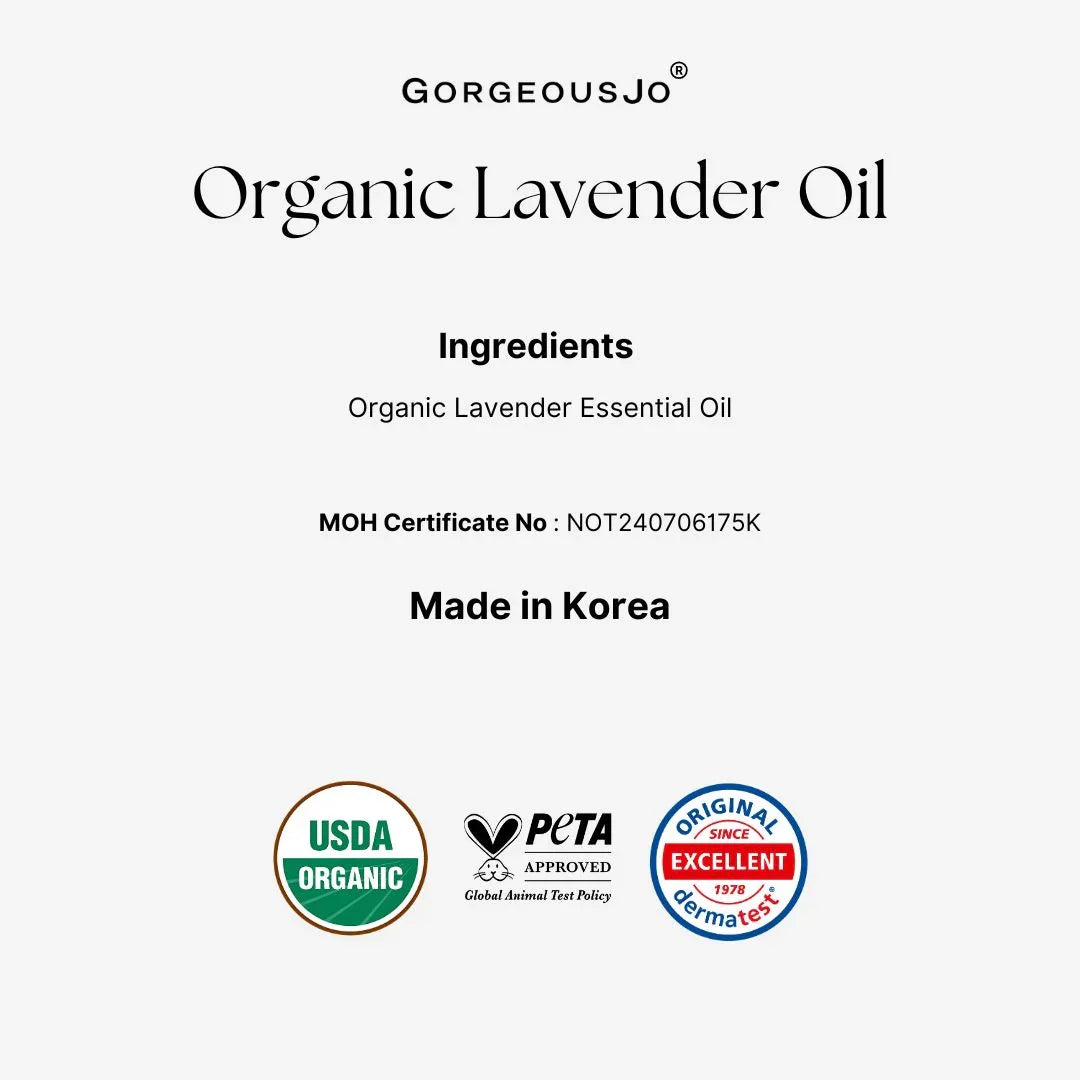 Label for Organic Lavender Oil from Gorgeousjo with certification logos on a white background