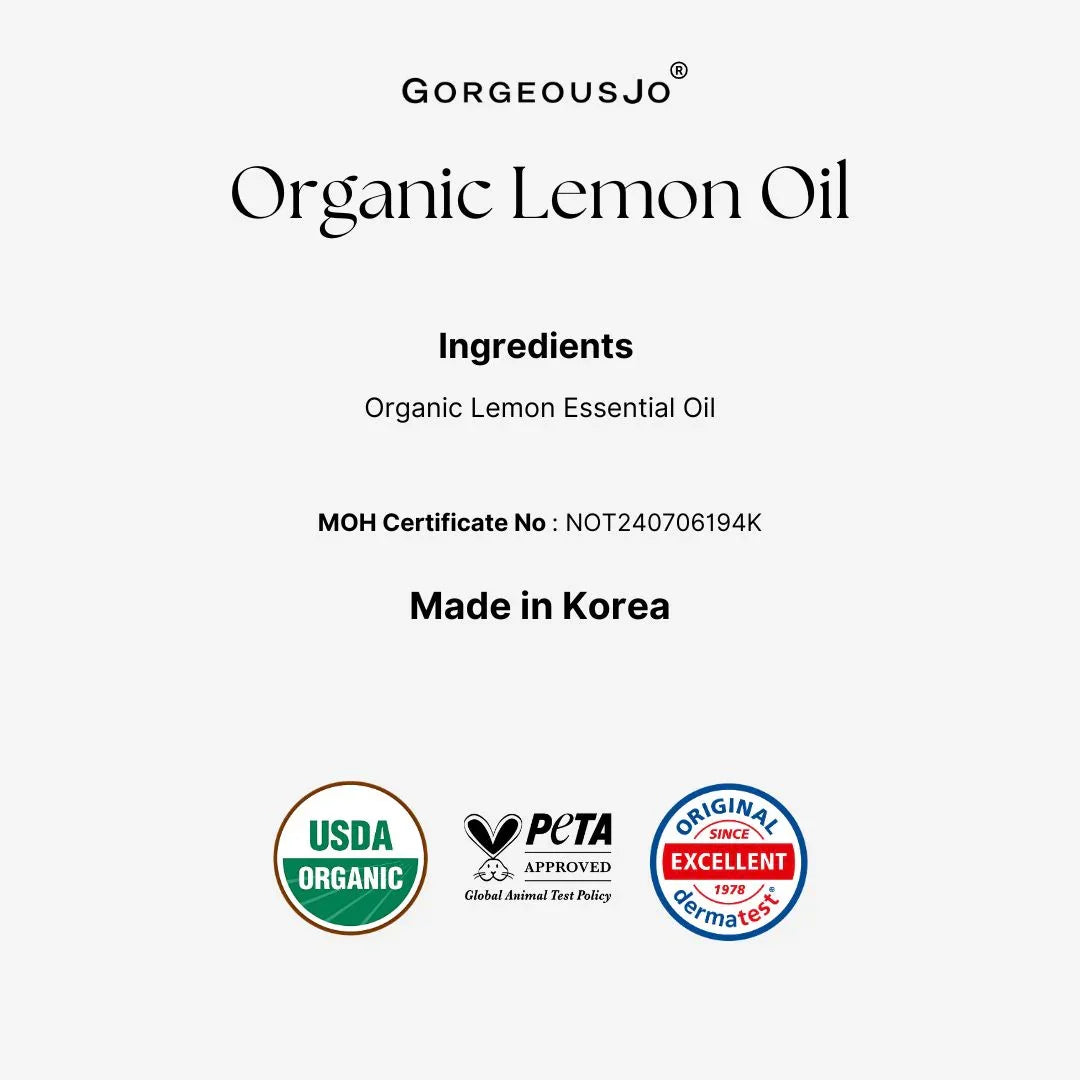 Label for Organic Lemon Oil by Gorgeousjo with certification logos on a white background