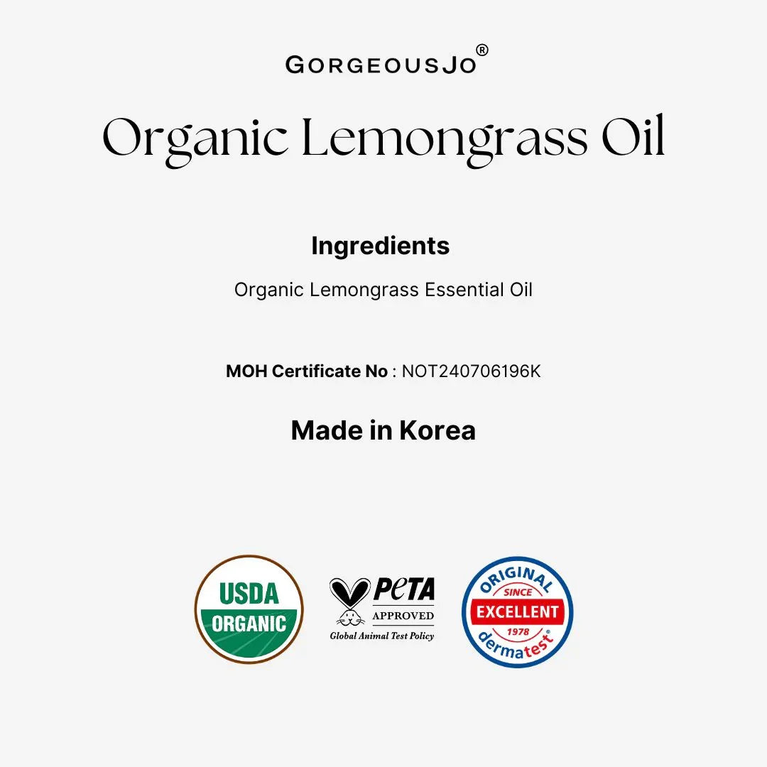 Label for Organic Lemongrass Oil from Gorgeousjo with certification logos on a white background