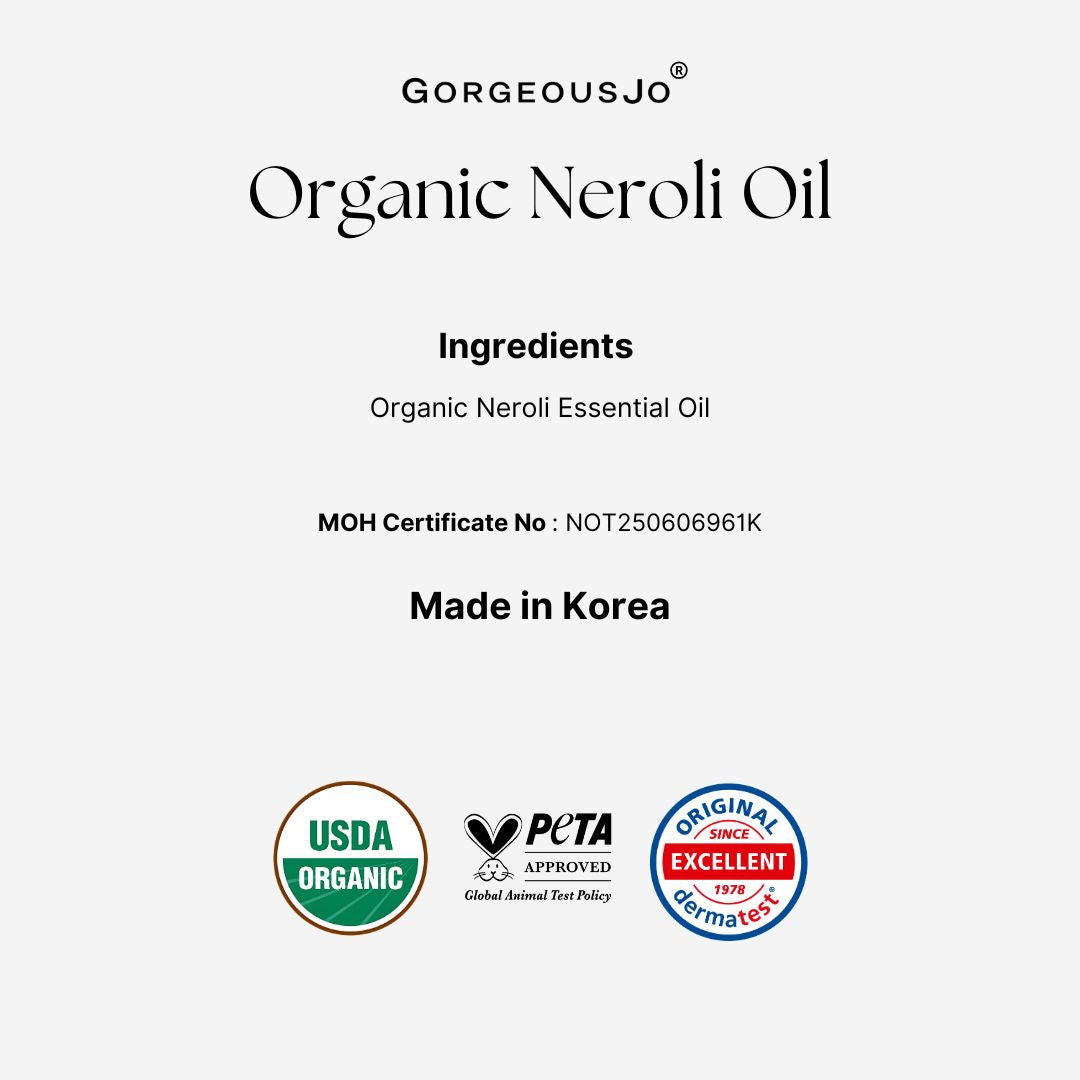 Label for Organic Neroli Oil from Gorgeousjo with certification logos on a white background