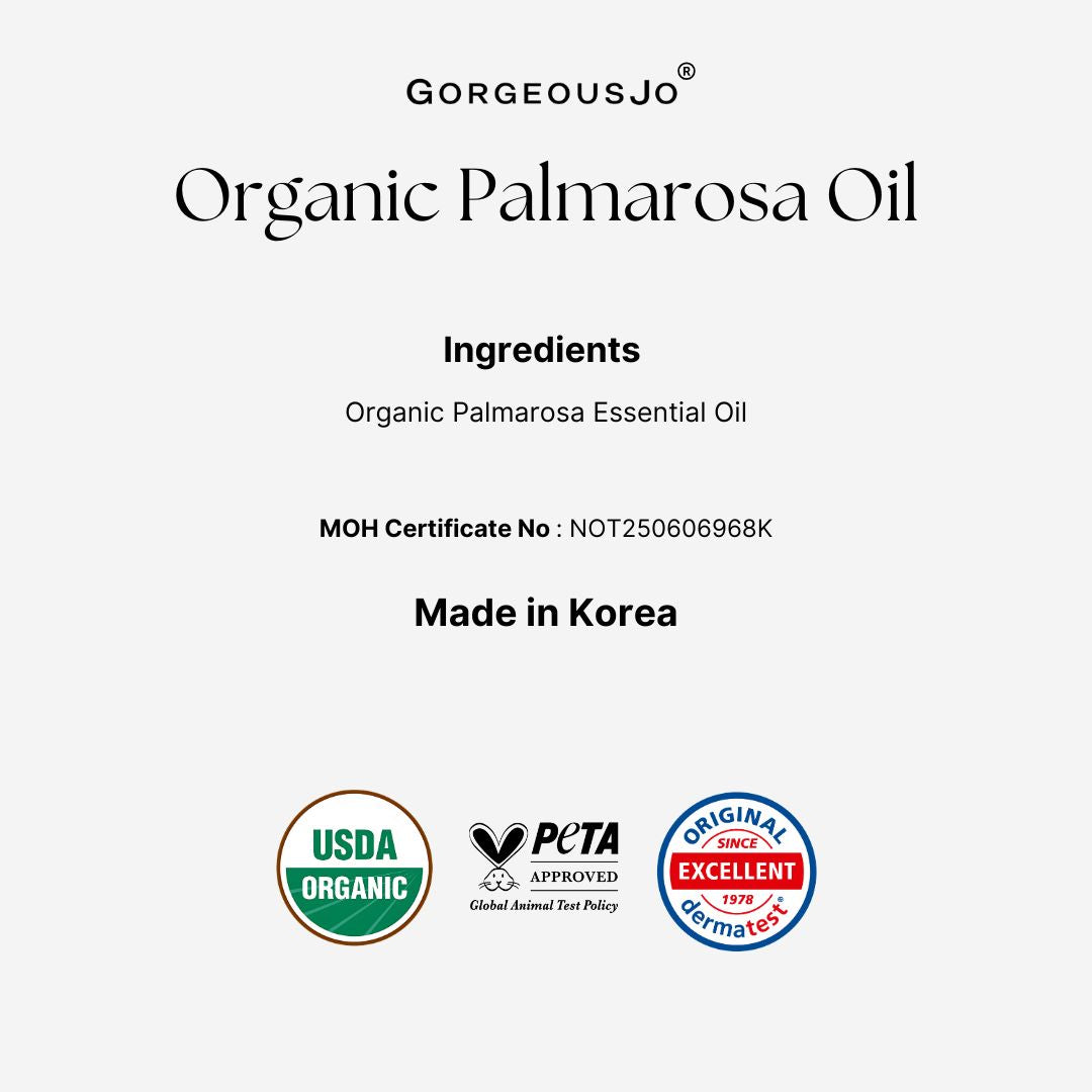 Label for Organic Palmarosa Oil by Gorgeousjo with certification logos on a white background