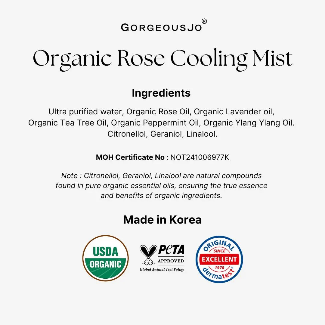 Product label for Organic Rose Cooling Mist with ingredients list and certification logos on a white background.
